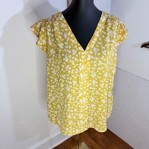 Fun2Fun Yellow Floral Boho Blouse XL Flutter Sleeve Top